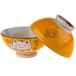 lachineuse - 2 Bols à Soupe ou à Ramen - Design Maneki Neko - Colori Jaune - Bols Multi-Usage - Porcelaine - Décoration Japonaise - Idée Cadeau Japon Asie