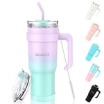 MOMSIV 40oz Tumbler with Handle and Straw, Large Capacity 1100ml Stainless Steel Leakproof Coffee Cup, Insulated Vacuum Travel Mug Water Bottle for Hot and Cold Iced Drink, Purple-Green