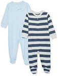 Amazon Essentials Combinaison pour Jour et Nuit en Coton, avec Pieds (Anciennement Amazon Aware) Mixte Bébé, Lot de 2, Bleu/Gris Rayures, 0 Mois