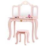 GOPLUS Coiffeuse pour Enfant 2 en 1, Table de Maquillage avec Tabouret et 3 Miroirs Amovibles, Table Cosmétique avec 1 Tiroir et Pieds en Bois de Pin, pour Enfants de 3-7 Ans (Rose)