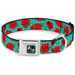 Buckle Down Collier pour Chien avec Boucle de Ceinture de sécurité – Roses Rouges/Pois Turquoise – 2,5 cm de Large – Convient pour Tour de Cou de 27,9 à 43,2 cm – Taille M