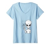 Womens Funny and cute Grey Alien "No" V-Finger Gesture V-Neck T-Shirt