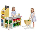 GOPLUS Jouet de Supermarché pour Enfant, Ensemble de Jouet d’Achat avec Caisse et Chariot, Jeu de Rôle de Marchande Commerçant en Bois, Jeu d’Imitation de Marché avec Caddie et Accessoires Inclus