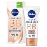 NIVEA BB Crème FPS 15 Teinte Medium (2 x 50 ml), Crème hydratante visage à l'huile de Jojoba BIO, Soin de jour FPS 15 pour unifier le teint et estomper les imperfections, hydratation 24h