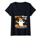 Womens Funny Halloween Ghost Bruh I Mean Boo Skull Pumpkin Candy V-Neck T-Shirt