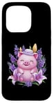 Coque pour iPhone 15 Pro Cochon en style dessin animé kawaii avec lavande et lys