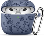 Fleurs Gravure Étui pour Coque Airpods 3e Génération, Silicone Antichoc Protectrice Housse Compatible avec Apple Airpods 3 Case Cover 2021, avec Mousqueton [LED Visible à l'avant], Bleu Gris