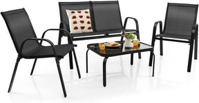 Costway Salon De Jardin 4 Pcs - 4 Personnes, En Tissu Textilène, Table Basse En Verre Trempé Gris Foncé