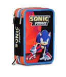 Trousse Scolaire élémentaire 3 Compartiments – Sonic comme and Get ME, Bleu Rouge – Contenu 43 pièces – avec Crayons, marqueurs, etc. – Porte-Stylo école Enfant élémentaire, Bleu, Taglia Unica, école