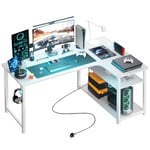 COMHOMA Bureau Gaming en Forme de L, Bureau d’Angle avec Étagères Rangement, Table imformatique avec Port de Charge USB et Prise de Courant, 120L*80P*74H, pour Jouer, Travailler, Blanc