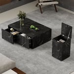 Lot de 2 tables basses modernes, motif marbre, grande table avec deux tiroirs, petite table avec rangement, mdf, adaptée pour salon, balcon - Noir