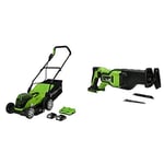 Greenworks G24X2LM36K2x Cordless Lawn Mower 36cm with 2x 2Ah Battery and Dual Slot Charger & 24V Battery Reciprocating Saw GD24RS