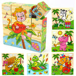 PROW® 100% Bois Cube Puzzles Jigsaw 16 Pcs Blocs de Construction 6 en 1 Animaux Instruments de Musique Sûr et sans Peinture Jouet Non-Toxique pour Les Bébés Bambins