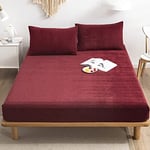 Michorinee Drap Housse en Polaire 120x200 Bonnet 30 cm Vin Rouge - Toucher Cachemire - Drap de lit Flanelle Microfibre Super Chaud pour Matelas Épais