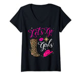 Womens Let's Go Girls Shirt Pink Leopard Print Cowboy Hat Cowgirl V-Neck T-Shirt