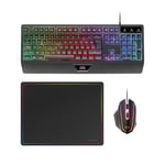 MARSGAMING MCP124, Combo de Jeu 3 en 1, Clavier Ergonomique H-Mech LED RVB, Souris RVB 3200 DPI HUANO, Tapis de Souris nanotextile 360 ​​x 260 mm, compatibilité multiplateforme, espagnole, Noir