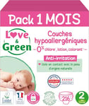 Love & Green - Couches Bébé Saines et Ecologiques - Taille 2 (3-6 kg) - Pack 1 mois (216 Couches) - Absorbante, anti-fuites et sans ingrédients indésirables