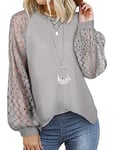 Tuopuda Chemisier Femme T-Shirts Manches Longues Gaufrette Waffle Tunique Dentelle Pull Chic Col Rond Blouse Élégant Pullover Casual Tops, Gris, M