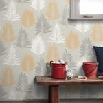 Arthouse Linen Effect Palm Leaf Light Grey Silver Ochre White Wallpaper 697800