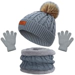 Bonnet Enfant Hiver Tricoté Tour de Cou Chaud Enfant Gants Hiver Ensemble Set de 3 Pièces Enfant Ensemble Chapeau Hiver Bonnet Écharpe Gant Tricot Doublure Épaisse pour Fille Garçon(3-8 ans) (Gris)