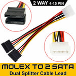 Molex To Dual Sata Converter Y Power Splitter Cable Lead Adapter 2 Way 4-15 Pin