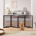 Semiocthome Freestanding Dog Gates and Barriers Indoor Pet Gates for Doorways and Stairs 24"H- 4 Panels Puppy Gate with 2 Metals Stands Fully Assembled Adjustable Safety Fence Fit Up to 74" W Espresso