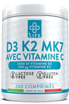 Vitamine D3 K2 Mk7 Avec Vitamine C 200 Comprimés Piulife® Vitamine D 2000 UI, Vitamine K2 200mcg, Vit C 125mg, Vitamines Pour Les Os Dents, Immunité Adulte, Boost Energie, D3 K2 Naturelle