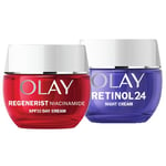 Olay Skincare Set: Niacinamide Face Moisturiser SPF and Retinol 24 Night Cream, Anti Ageing Skin Care 50ml + 50ml