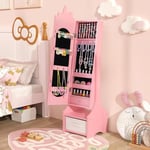 FANTASK Armoire à bijoux 2 en 1 pour enfants, armoire à miroir inclinable avec miroir intégral, tiroir et panier de rangement, présentoir à bijoux, miroir de maquillage pour enfants à partir de 3 ans