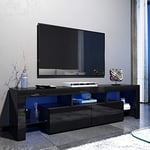 ELEGANT High Gloss TV Stand with LED Ambient Lights, Modern TV Stand with Open Shelf Storage Cabinet for 32 40 43 50 52 55 60 62 inch 4k TV (Black, 1600x350x450mm)