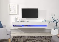 GFW Galicia Wall Mounted High Gloss Featuring A LED Downlight, This Floating TV Unit Console & Television Stand for Living Entertainment Room with Storage Shelves, Melamine, White, 180cm