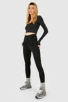 Woven Tab Detail Deep Waist Pintuck Gym Leggings