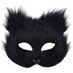 Plush Cat Fox Mask, Therian Masker, Realistiska kattmasker, Halv Face Animal Mask, Furry Party Cat Mask Masquerade Mask, Cosplay kostym Black