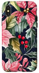 Coque pour iPhone X/XS Poinsettias rouge vif avec houx et feuilles vert foncé