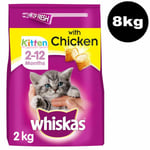 8kg Whiskas 2-12 Months Kitten Complete Dry Cat Food With Chicken (4 X 2kg)