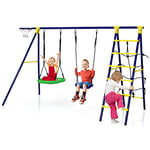 COSTWAY 5 en 1 Balançoire Enfants Extérieur avec Panier de Basket, Balançoire Nid d'Oiseau Ø66 cm et en U avec Hauteur Réglable, Filet & Echelle d’Escalade, Charge 75kg pour 3-12 Ans