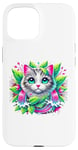 iPhone 15 Beloved Cat with Green Leaves Cat Lovers Pink Waterfalls Case