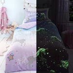 Bedlam - Glow in the Dark Unicorn Duvet Cover - Double Bedding Size (200 x 200cm) - Reversible (2 Designs) - Magical Star & Unicorn Bedding for Girls - Unicorn Themed Duvet Cover - Pink Lilac Bedding