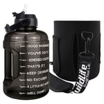 BuildLife Motivational Water Bottle 2.2L - Large Capacity Water Jug with Straw & Time Marker & BPA Free Carrier Bag Adjustable Shoulder Strap Storage Sleeve(Black-Bag, 2.2L)