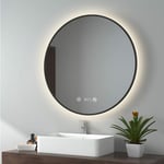 Emke - Miroir lumineux salle de bain rond diamètre 80cm Cadre Noir, Miroir led avec Interrupteur Tactile, Anti-buée, Horloge et Temperature, Lumière