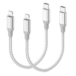 Lot de 2 câbles Lightning USB C courts de 30 cm - Certifié MFi - En nylon tressé - Pour iPhone 14 13 12 11 Mini Pro Max X XS XR 8 7 6 Plus SE iPad - Argenté