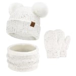 Enfants Bébés Hiver Bonnet Gants Tactiles Écharpe Ensemble Bonnet Pompon Moufles Cache-Cou avec Doublure Polaire pour 0-4 Ans Fille Garçon