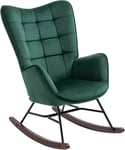 Fauteuil À Bascule Allaitement Rétro Chaise Loisir Et Repos En Velours Avec Pieds En Bois Métal Pour Salon, Chambre, Massif, Vert, 66x84x97cm