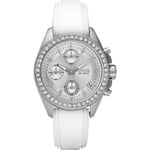 Fossil Ladies Watch Silver Stone Set Chrono Dial & White Rubber Strap ES2883