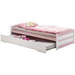 Lit gigogne lorena enfant 1 place tiroir lit fonctionnel 90 x 200 cm pin massif lasuré blanc et rose - Blanc/Rose