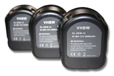 vhbw 3x Batteries Ni-MH 3000mAh (12V) pour outils DC742KA, DC742VA, DC743KA, DC743KB, DC745KA comme Dewalt 152250-27, 397745-01, DC9071, DE9037.