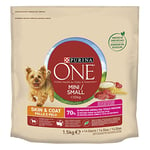 Purina One Mini < 10 kg Cuir et Poils Croquettes pour Petits Chiens Bœuf et Riz, 6 Boîtes de 1,5 kg