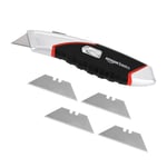 Amazon Basics Cutter ultra robuste ergonomique et rétractable, à chargement automatique,avec lame à 3 positions de verrouillage et 4 lames tranchantes remplaçables incluses dans le corps, Noir/Argenté