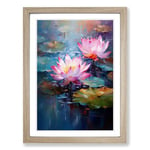 Lotus Flower Impressionism No.2 Framed Wall Art Print, Ready to Hang Picture for Living Room Bedroom Home Office, Oak A2 (48 x 66 cm)