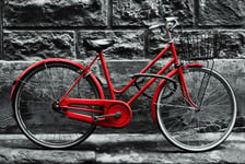 Retro vintage red bike on black and white wall